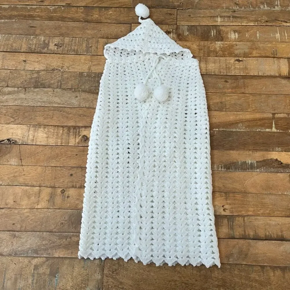 Handmade Crochet Hooded Shawl Cape Infant Toddler Unisex Adjustable Drawstring